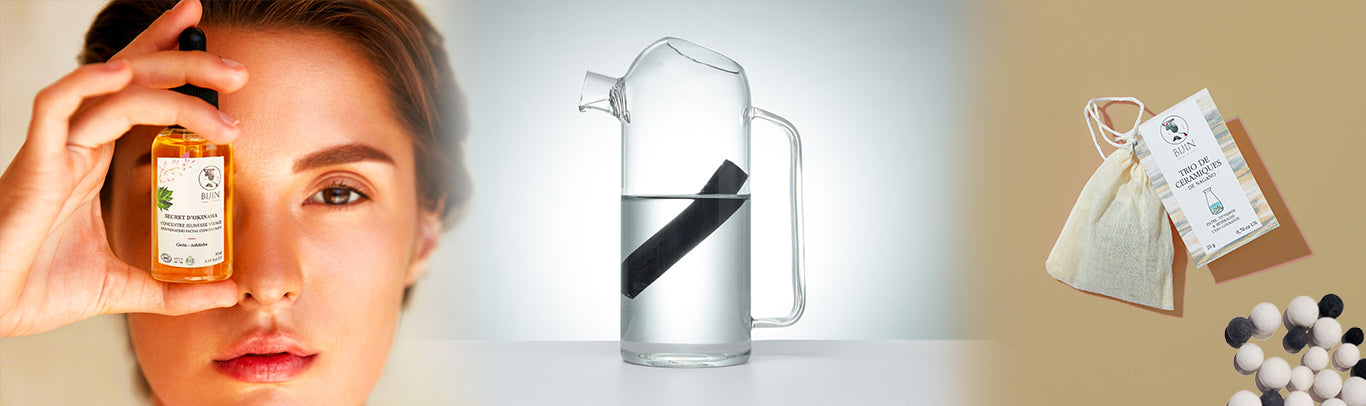 Bannière site bijin cosmétique, charbon actif et céramiques filtrantes pour l'eau du robinet