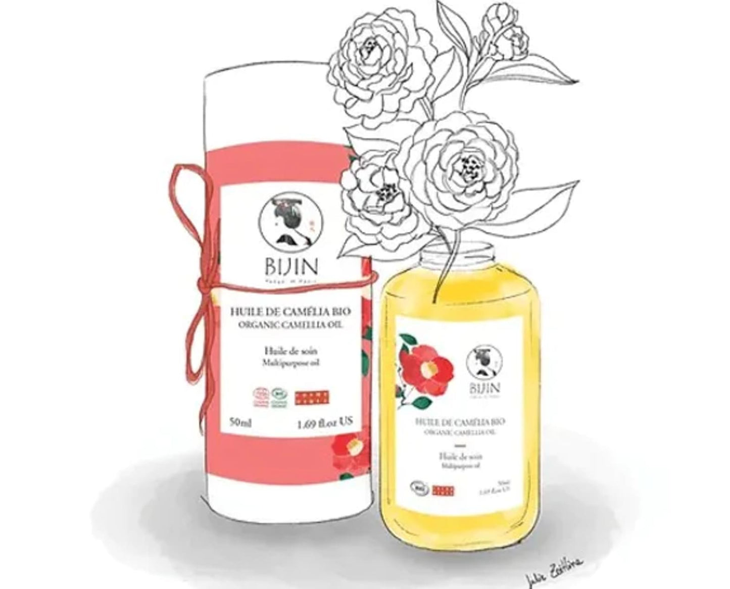 illustration packaging huile de camélia bio bijin