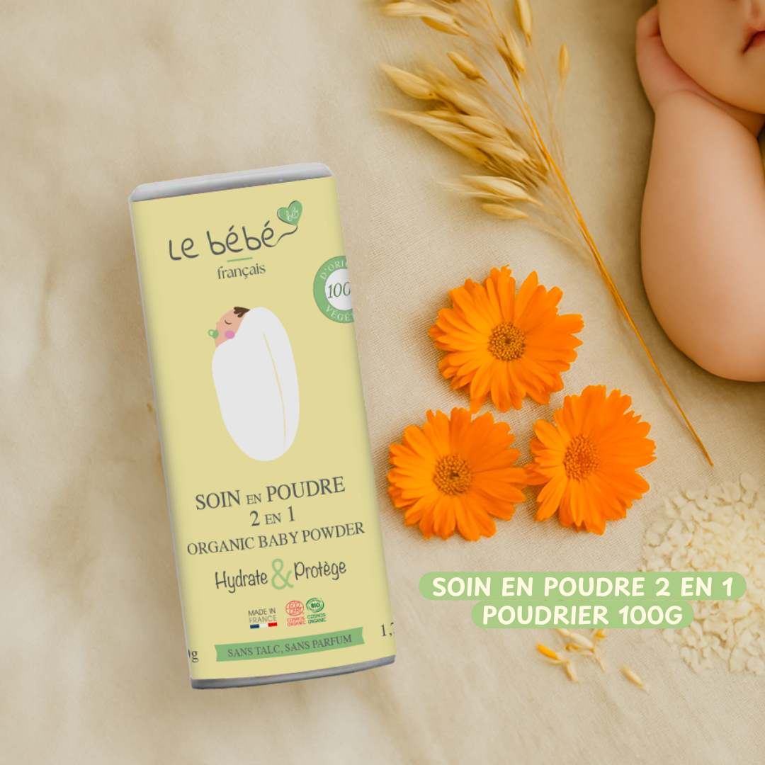 Soin en poudre 2 en 1 bébé bio poudrier 100g, alternative au talc