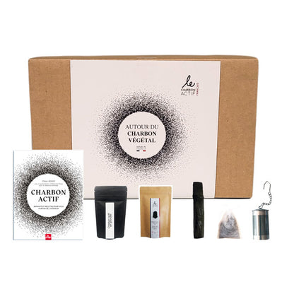 Coffret autour du charbon actif : eau, soin de la peau, soin détox pour l'organisme, culinaire