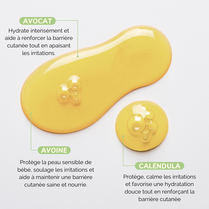 ingrédients de l'huile de soins bébé : avocat, avoine, calendula