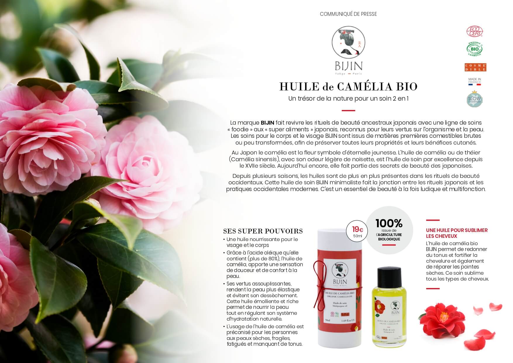 communique de presse sur huile de camelia bijin