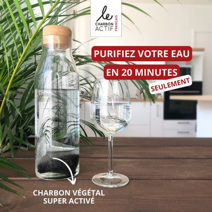 carafe d'eau et verre d'eau filtrée au charbon actif francais