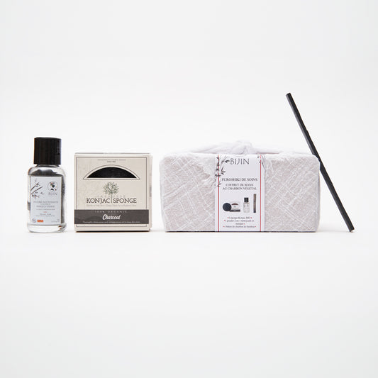 Coffret de soins furoshiki au charbon actif de bambou visage,corps et eau