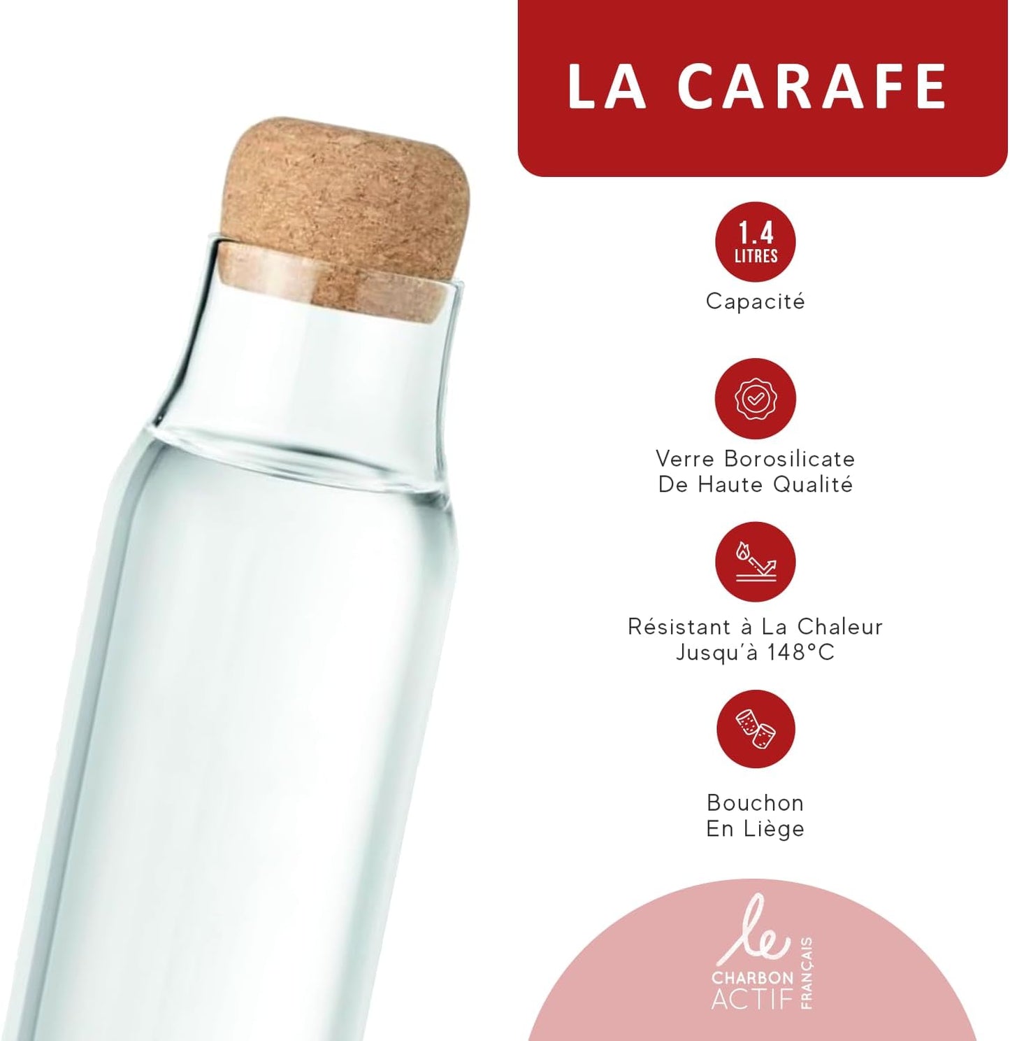 Carafe filtrante en verre 1,4L au charbon actif