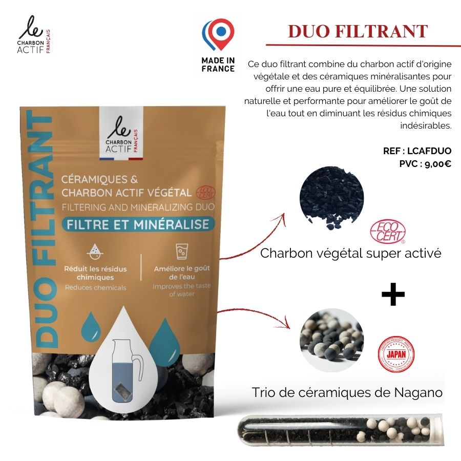 Duo filtrant : céramiques filtrantes + charbon végétal actif