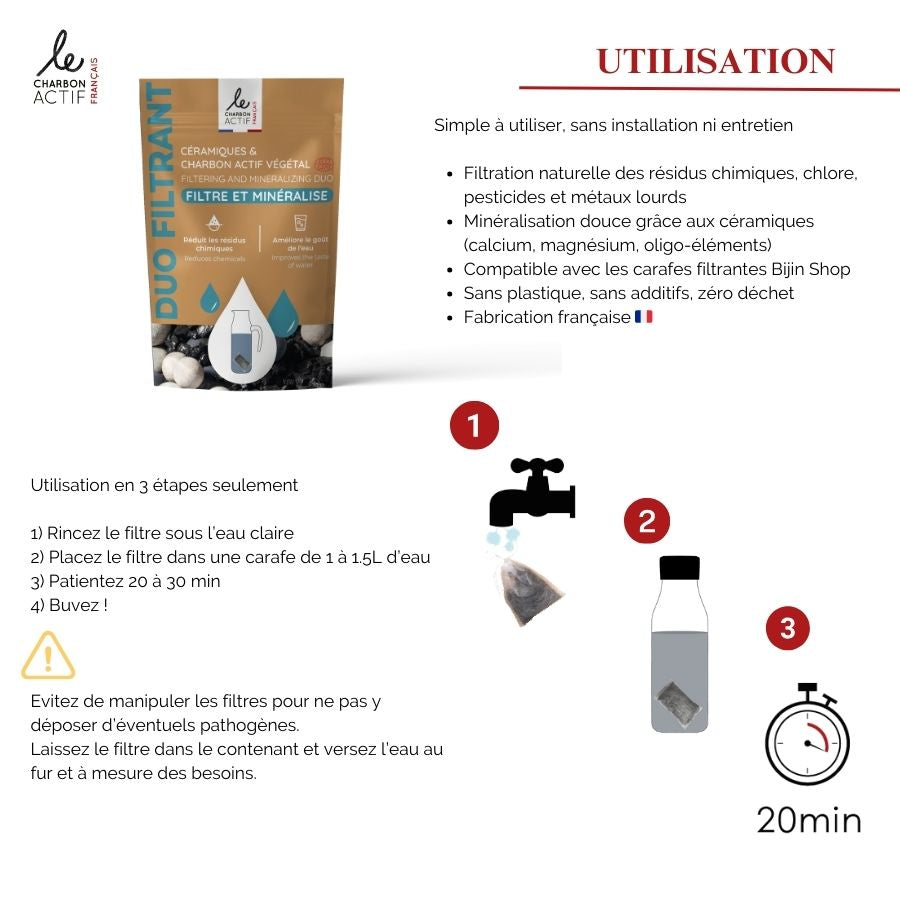 Duo filtrant : céramiques filtrantes + charbon végétal actif