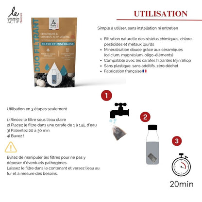 Duo filtrant : céramiques filtrantes + charbon végétal actif