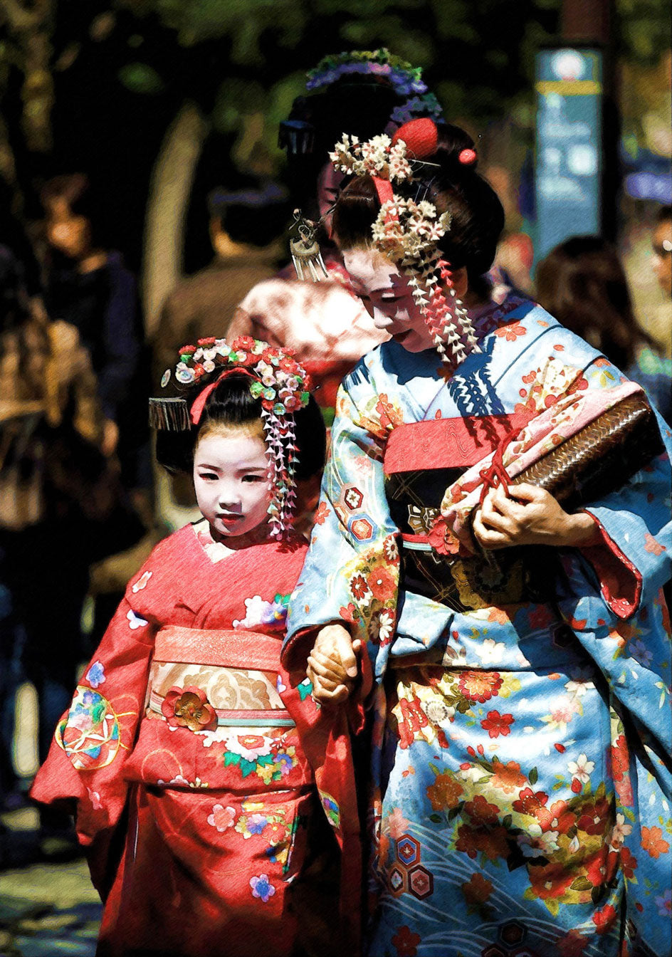 mère et fille habillées en kimono japonais