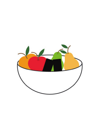 illustration dessin paniere remplie de fruits et de deux batons de charbon noir