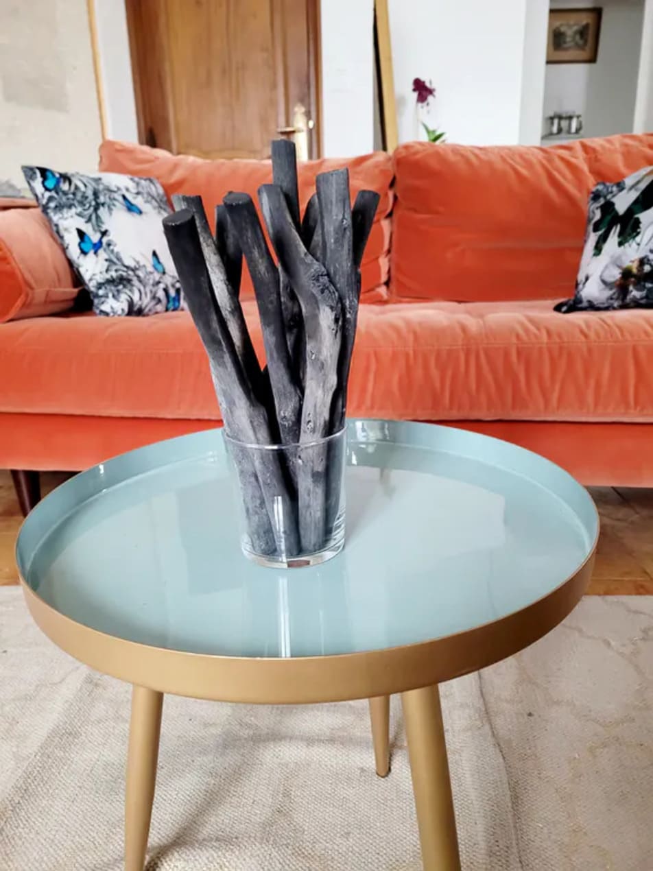 branches de charbon dans un vase en verre posé sur une table