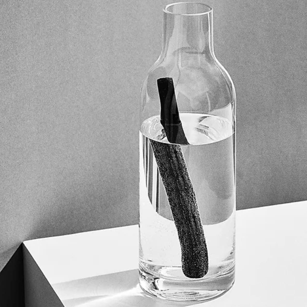 bouteille en verre remplie d'eau avec un baton de charbon à l'intérieur