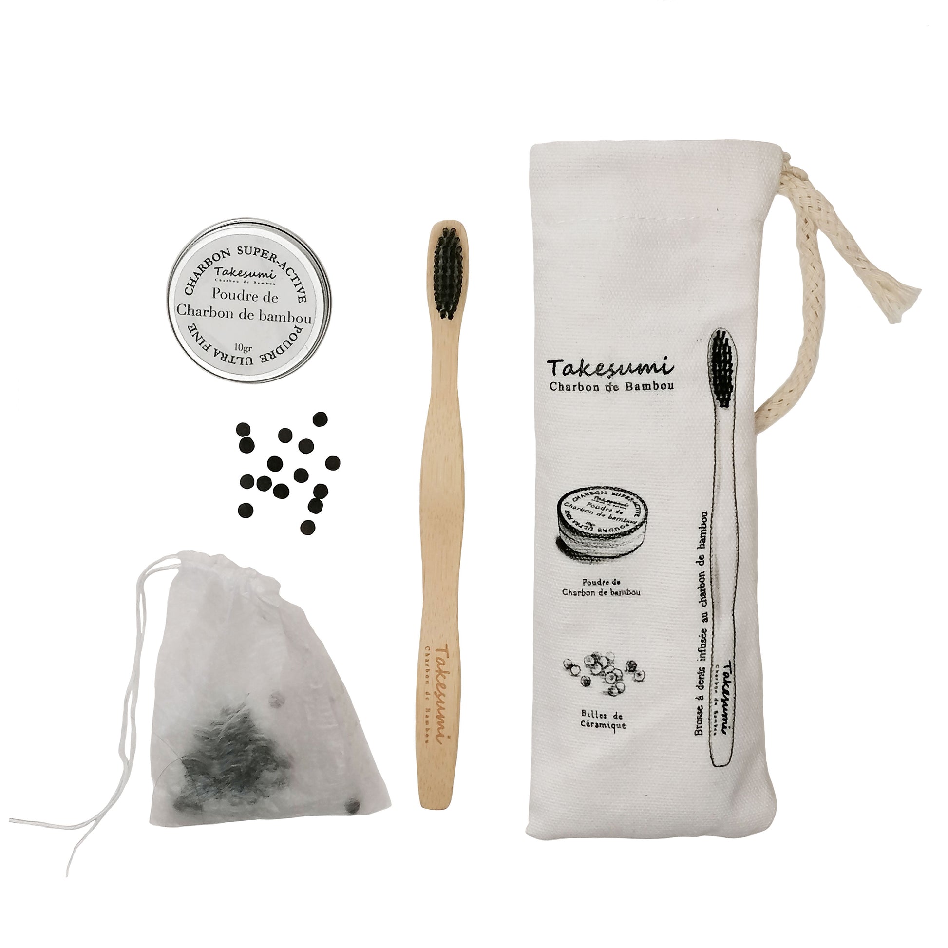 pack bucco dentaire au charbon zéro dechet : brosse à dents en bambou, billes desinfectantes pour brosse à dents et charbon actif de bambou
